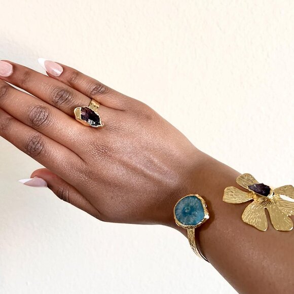 Gemstone Quartz Gold Plated Adjustable Flower Bracelet &Ring Set - Picture 2 of 2